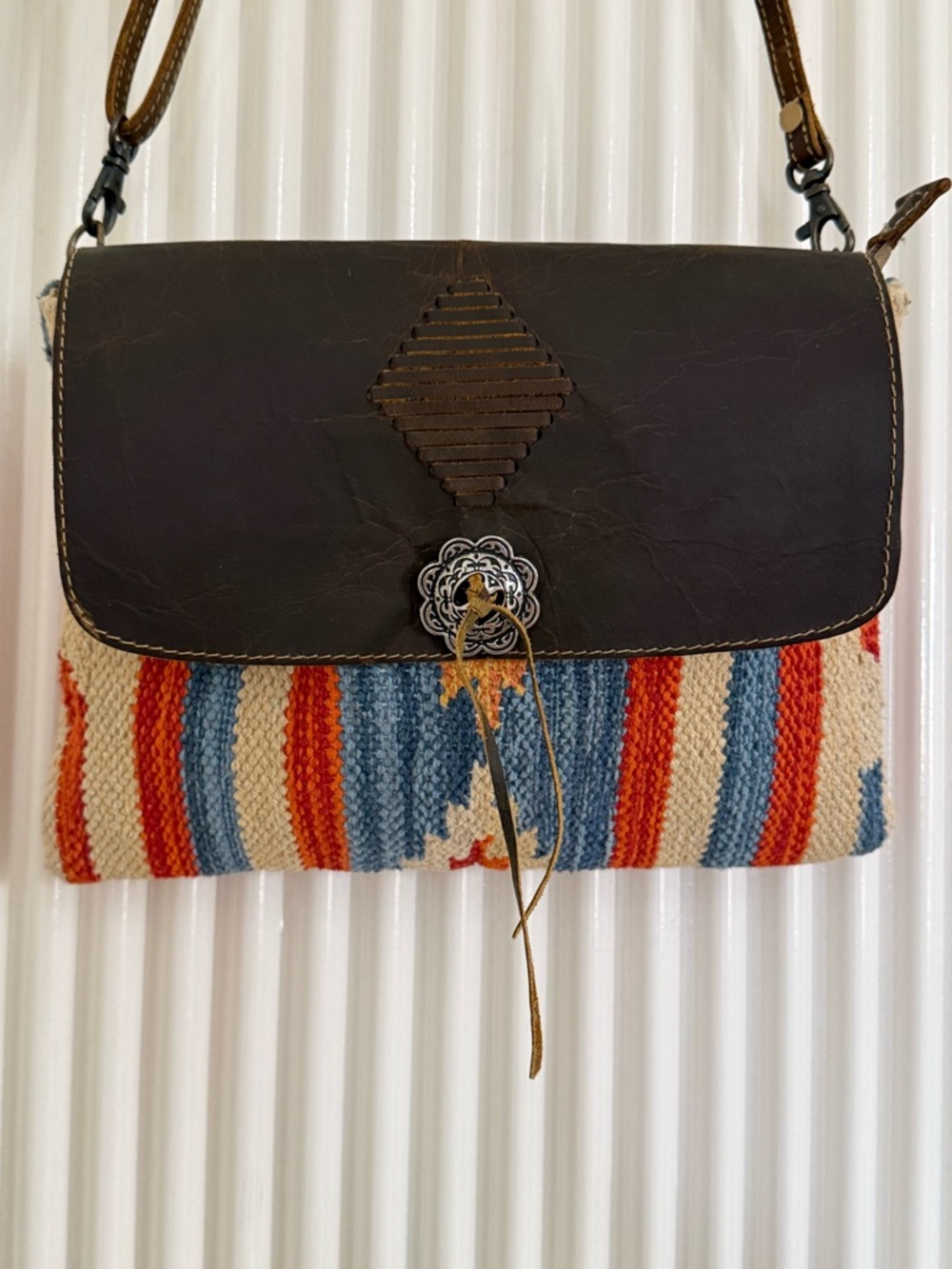 Myra Bag Aztec Striped Woven‎ & Leather Crossbody Bag in Brown, Orange, Blue